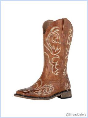 Women's Cowboy Boots Faux Leather Square Toe Mid Calf Western